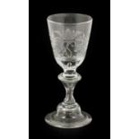 A Wine Glass, circa 1730, the rounded funnel bowl engraved with a crowned GS monogram within a