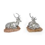 A Pair of Victorian Silver-Gilt Models of Recumbent Stags by Edward and John Barnard, London, Circa