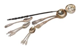A pair of George III silver kings pattern ladles, a similar silver teaspoon, three other silver