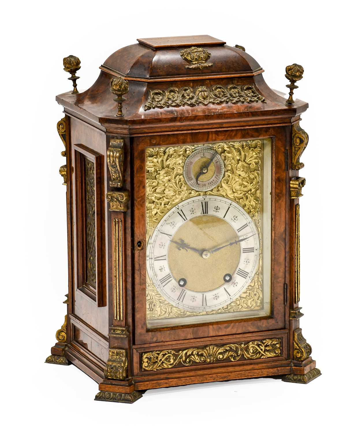 A Burr Walnut Quarter Striking Table Clock, circa 1890, caddied pediment, side sound fret panels,