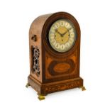 A Mahogany Inlaid Quarter Chiming Table Clock, circa 1890, arched pediment, front with shell and
