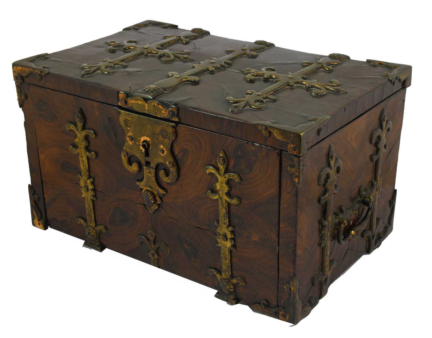 A Louis XIV Brass-Bound Kingwood Coffre Forte, of rectangular form with strapwork mounts and hinges,