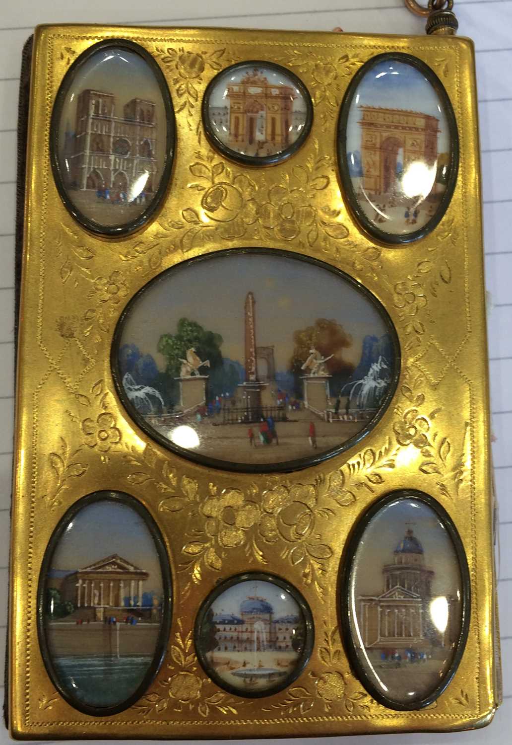 A French Gilt Metal Mounted Aide Memoire, 19th century, set with seven miniature watercolours on - Image 5 of 5
