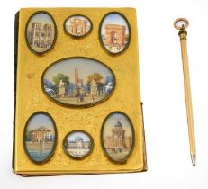 A French Gilt Metal Mounted Aide Memoire, 19th century, set with seven miniature watercolours on