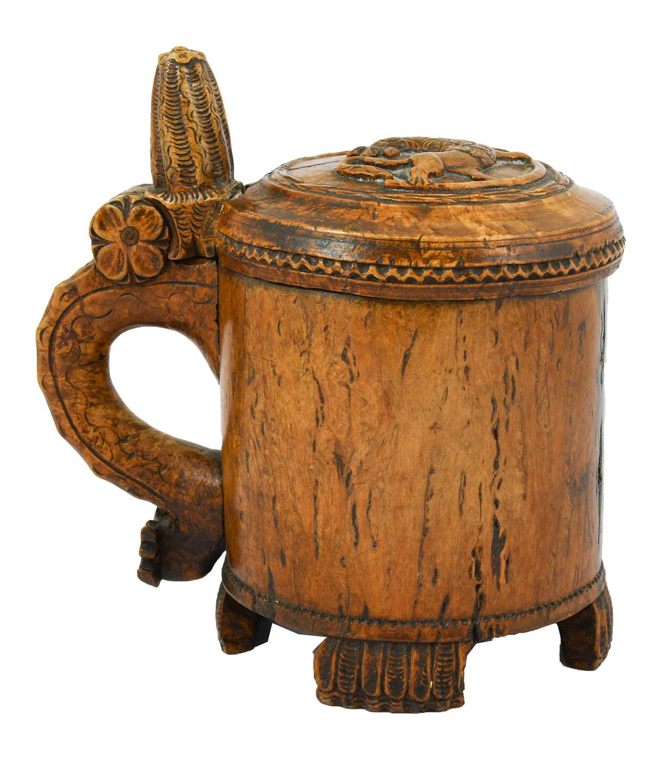 A Norwegian Birch Tankard, 18th century, of cylindrical form, the hinged domed cover carved with a - Image 3 of 3