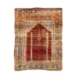 Anatolian Silk Prayer Rug, circa 1900The crimson field with hanging lantern beneath the Mihrab