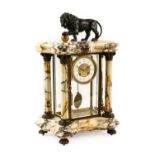 A Marble and Bronze Mounted Striking Mantel Clock, circa 1900, surmounted by a lion, portico case