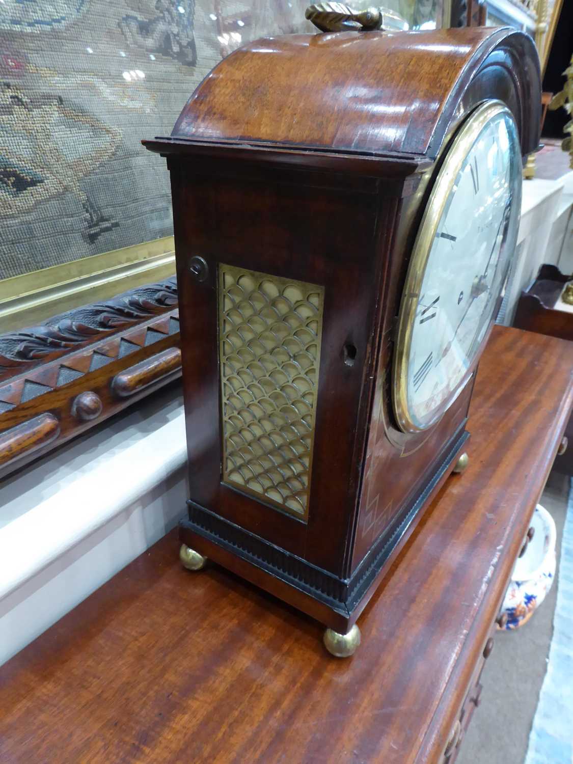 A Mahogany Striking Table Clock, signed Robt Scott, London, circa 1820, arch pediment, fish scale - Image 3 of 9