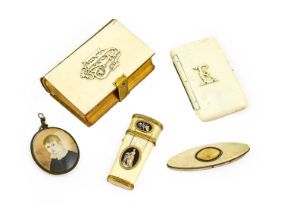 A George III Gold-Mounted Ivory Etui, of tapering form set with five plaques depicting classical