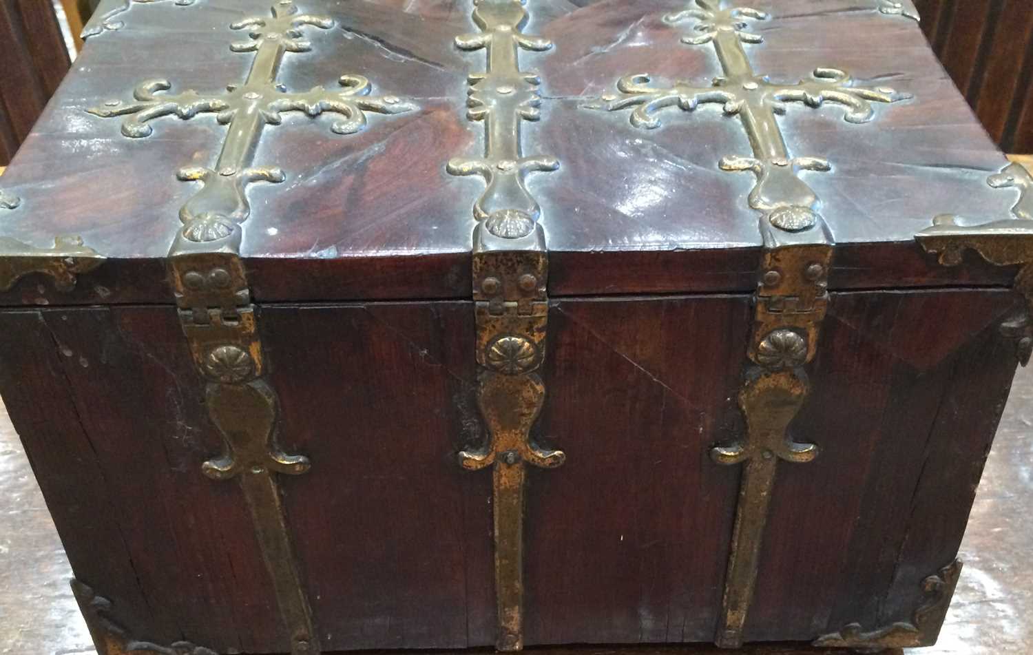 A Louis XIV Brass-Bound Kingwood Coffre Forte, of rectangular form with strapwork mounts and hinges, - Image 6 of 6