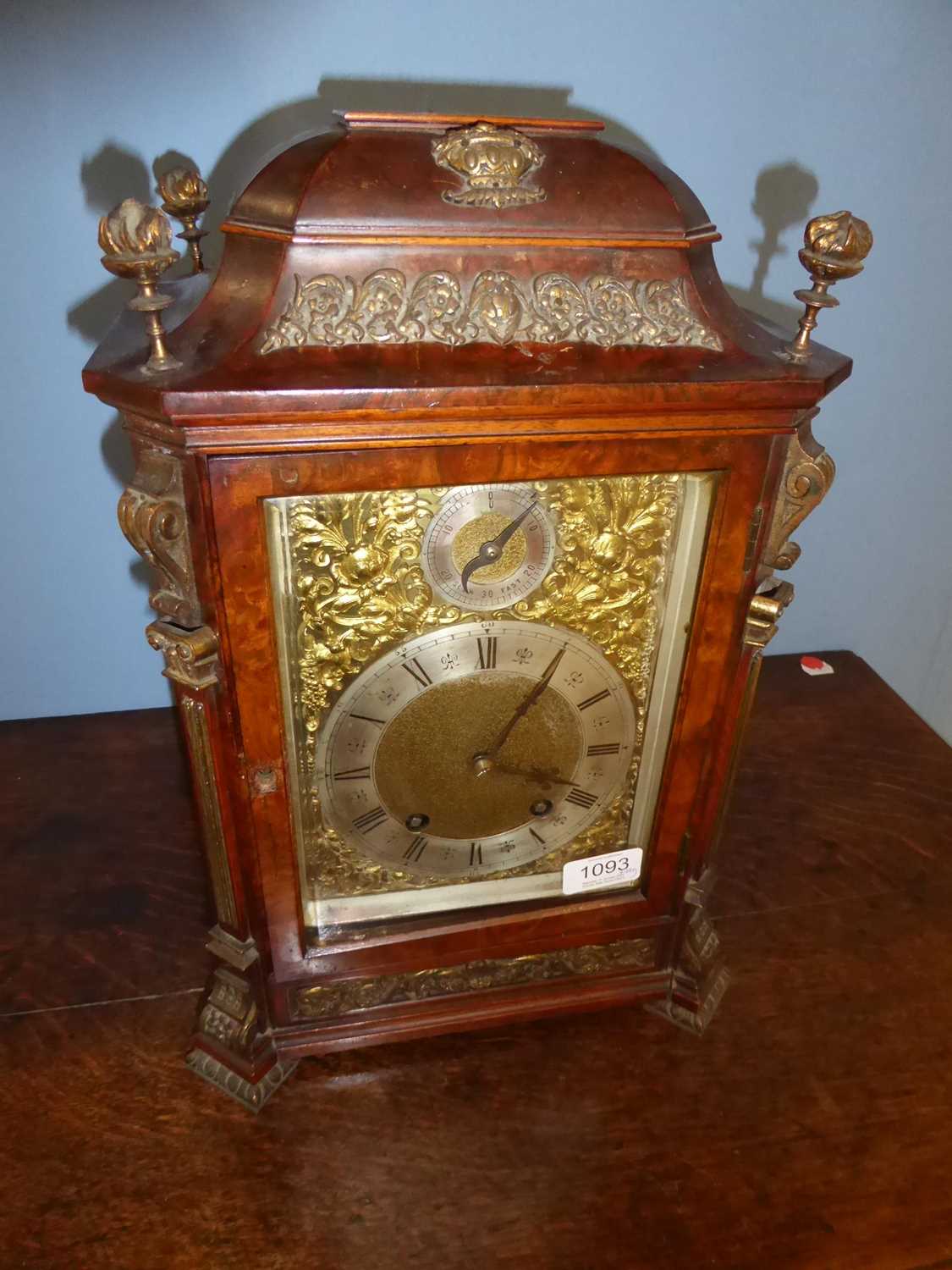 A Burr Walnut Quarter Striking Table Clock, circa 1890, caddied pediment, side sound fret panels, - Image 7 of 7