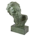 Ugo Cipriani (1887-1960): A Green Glazed Terracotta Bust of a Man, with flowing hair, on a square