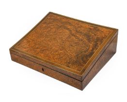 A Victorian Amboyna and Ebony and Boxwood Strung Writing Slope, of rectangular form, the hinged