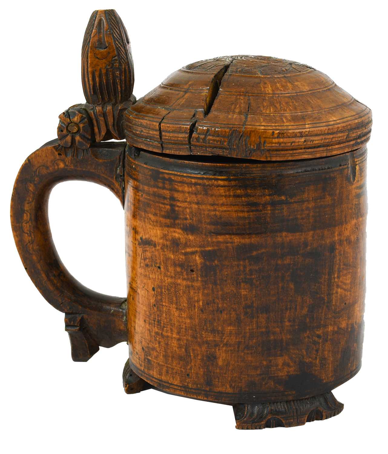 A Norwegian Birch Tankard, 18th century, of cylindrical form, the hinged domed cover carved with a - Image 2 of 3