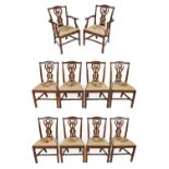 A Set of Ten (8+2) Victorian Mahogany Chippendale Revival Dining Chairs, recovered in floral