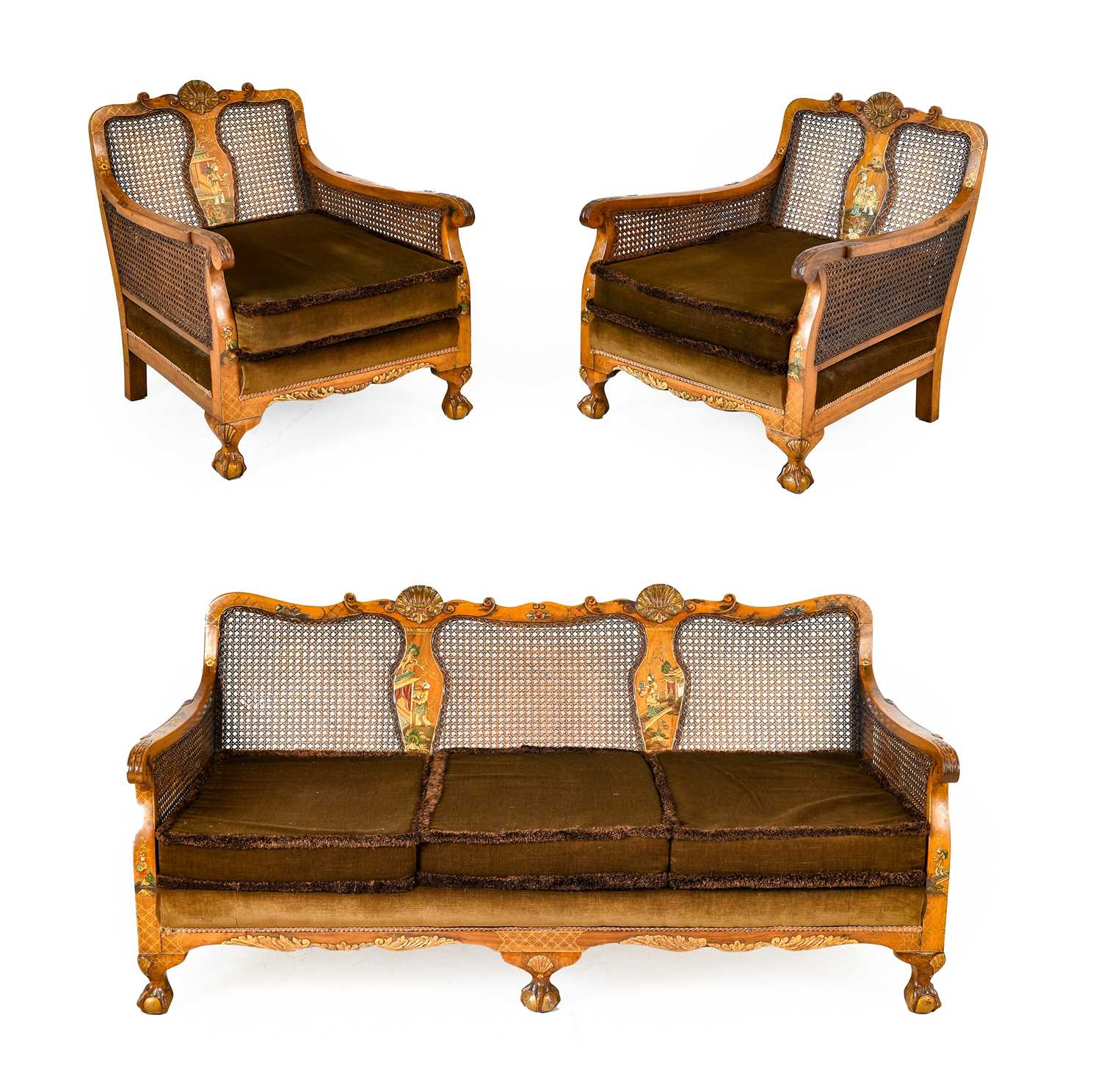 An Early 20th Century Walnut and Chinoiserie Decorated Double-Caned Three-Piece Bergere Suite,