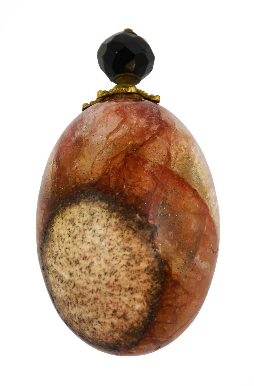 A Blue John Scent Bottle, 19th century, in the form of an egg, the gilt metal mounted stopper with