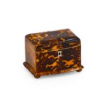 A Regency White Metal and Ivory Mounted Tortoiseshell Tea Caddy, of domed bowfront rectangular form,