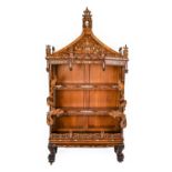An Early 20th Century Japanese Hardwood and Bone Decorated Display Cabinet, the pagoda top decorated