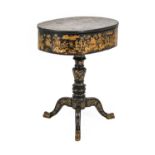 An Early 19th Century Chinese Export Ebonised and Lacquered Work Table, richly decorated with an