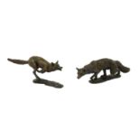 British School (20th century): A Pair of Patinated Bronze Figures of Foxes, one running, the other