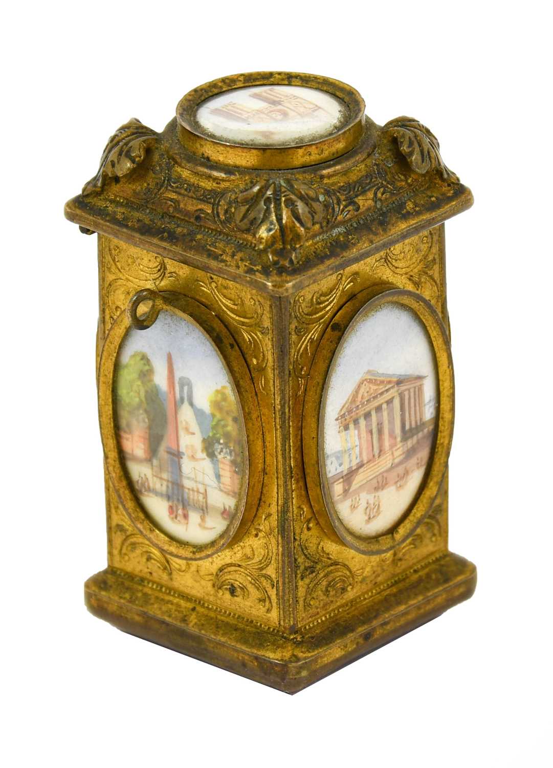 A French Gilt Metal Perfume Bottle and Hinged Cover, mid 19th century, of rectangular form set, with