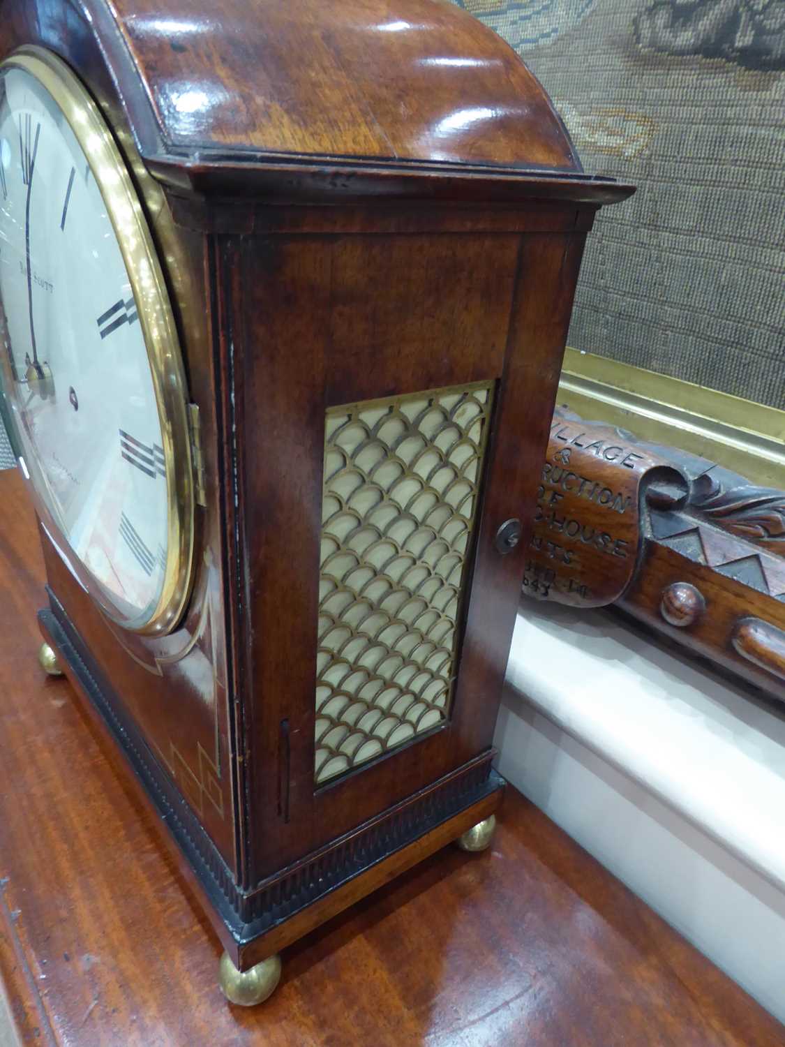 A Mahogany Striking Table Clock, signed Robt Scott, London, circa 1820, arch pediment, fish scale - Image 4 of 9