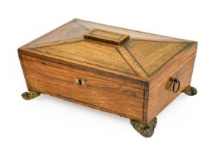 A Regency Rosewood and Brass Strung Work Box and Cover, of sarcophagus form with cartouche shaped
