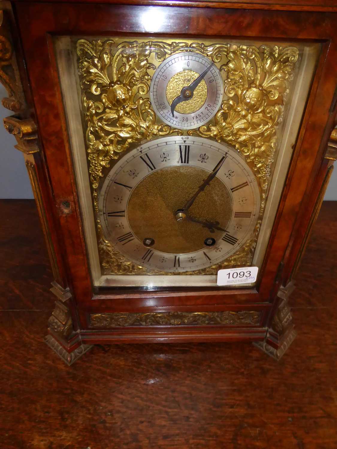 A Burr Walnut Quarter Striking Table Clock, circa 1890, caddied pediment, side sound fret panels, - Image 4 of 7