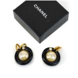 A Pair of Simulated Pearl Earrings, by Chanel, the simulated mabe pearl within a black border