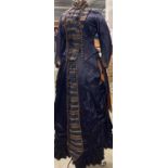 19th Century Purple Silk Bustle Back Dress, with black and brown striped insertion to the jacket,