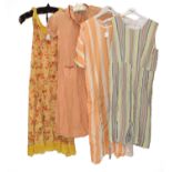 Circa 1920s Day Dresses, comprising a Fricoline orange and white striped short sleeve drop waist