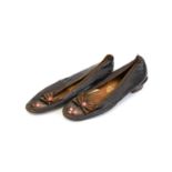 A Pair of Lady's Leather Pumps by Peter Yapp, with brown silk bows, cut steel decoration and set