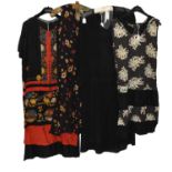 Circa 1920s Dresses, comprising a black floral and spotted cotton sleeveless drop waist dress with