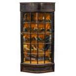 Early 20th Century Oak Bow Front Standing Glazed Cabinet, with carved decoration, later velvet