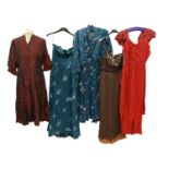 Circa 1930/50s Evening and Other Dresses, comprising a purple and pink chevron striped long dress