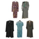 Circa 1920/30s Day Dresses, comprising a silk dress printed in grey, green and black large zig