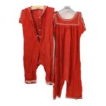 Late 19th Century Red Cotton Bathing Costumes, comprising a red cotton sleeveless 'playsuit' style