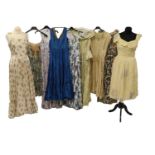 Circa 1930/50s Evening Dresses, comprising a printed satin full length sleeveless dress with