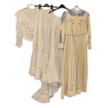 Edwardian Ladies' Costume, comprising a cream linen long sleeve dress with blue and white silk