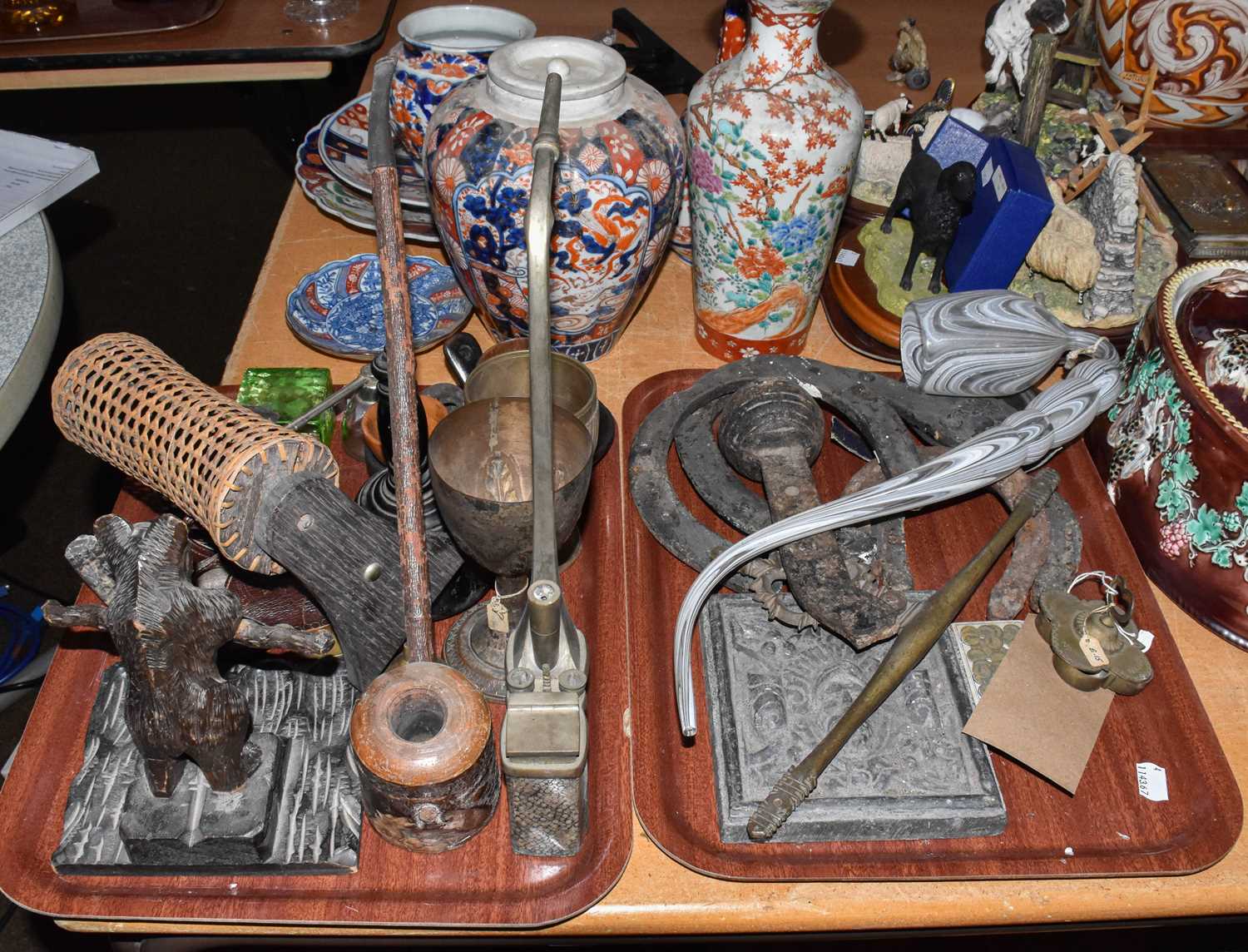 Two trays of metal wares and wooden items including a Black Forest pipe rack, Nailsea glass pipe, - Image 2 of 2