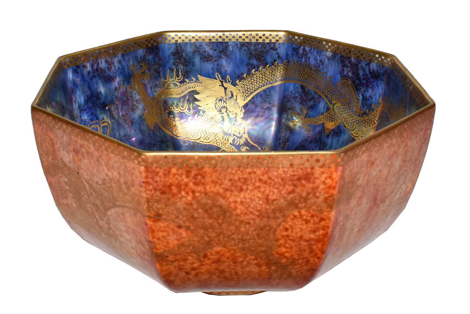 A Wedgewood Ordinary Dragon Lustre octagonal bowl, pattern Z4825, blue mother-of-pearl lustre