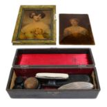 A quantity of postcards including Bamforth, together with a Regency inlaid mahogany tea caddy, a