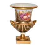 A Miles Mason campana shaped vase, circa 1810, with twin satyr mask handles, rich gilt banding and a