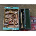 A box of bugle and boys brigade, and cased items including potter maker, trumpet, 17th/21st Lancers