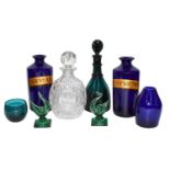 A quantity of mainly 19th century glassware, including two Bristol blue apothecary jars with gilt