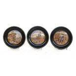 Ten various prattware pot lids within ebonised circular frames, including one single prattware