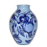 A modern Moorcroft Dundela Orchard (Blue on Blue) pattern 3/8 vase, signed in gold pen Emma