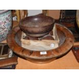 ~A 19th century staved and metal mounted dough bowl, together with another treen bowl, and a set