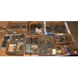 A quantity of clock makers parts, including: various clock case metal mounts, longcase clock